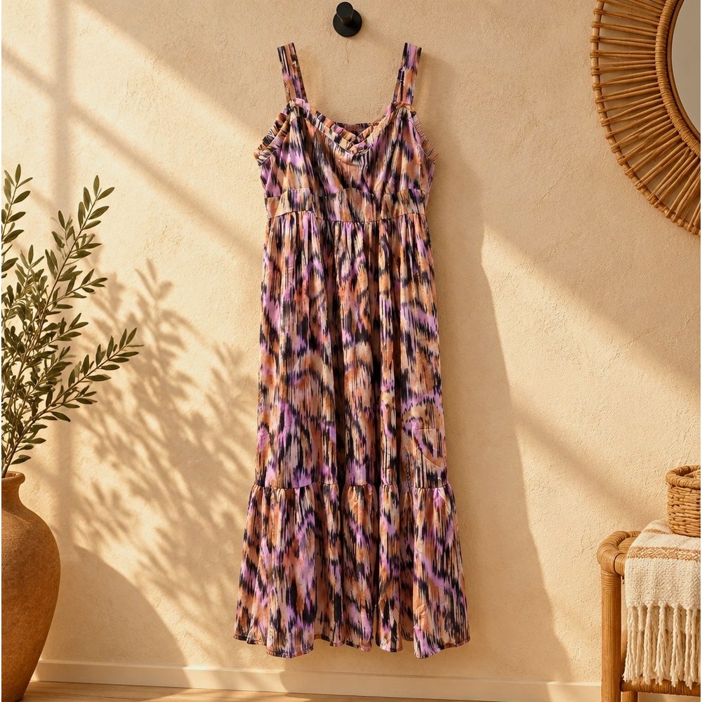 Torrid Ikat Chiffon Sweetheart Smocked Tiered Sleeveless Midi Dress 1X SX 14-16